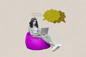Composite zine pop trend collage of happy girl guy stand colorful bubble communication speech...