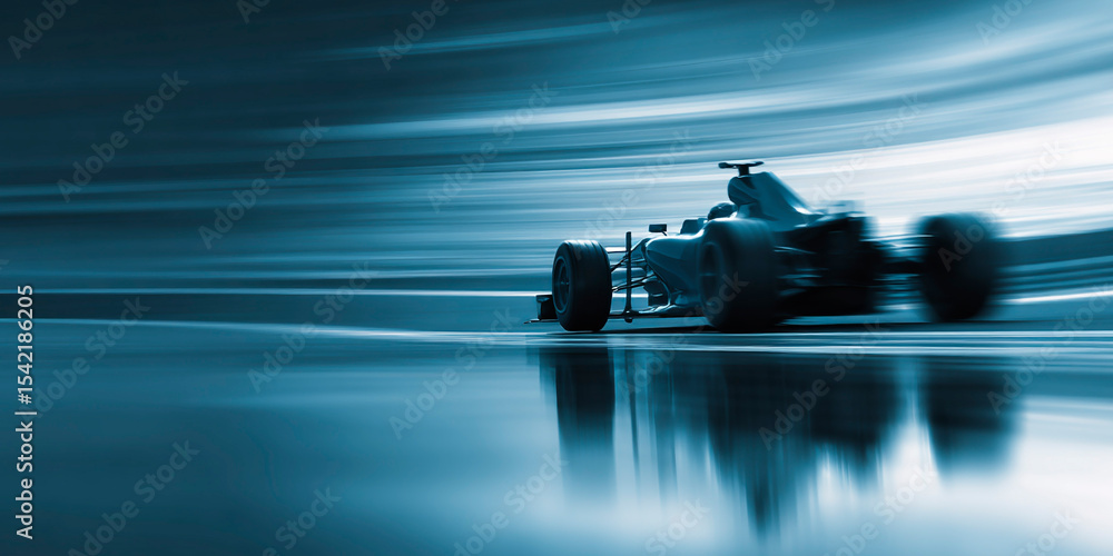 Poster formula-style race car captured in high-speed motion on a glossy track with dynamic light trails, cr