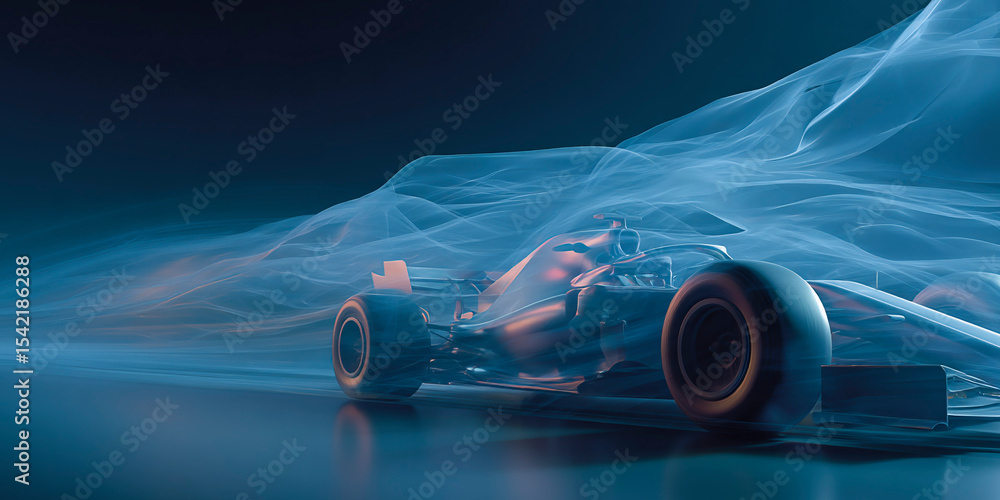 Poster futuristic race car in high-speed motion with dynamic airflow visualization in glowing blue and oran