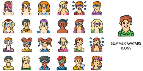 Summer Avatars simple concept 24 hand drawn color icons set .Vector illustration.	