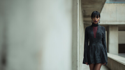 A clean and professional visual presentation sophisticated woman in a sleek black dress, showcased at the waist – timeless elegance personified.