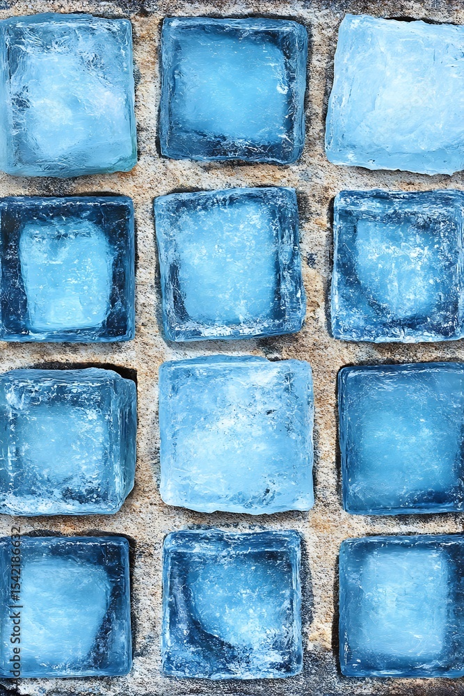 Poster crisp blue ice blocks arranged in a grid pattern for cool refreshment