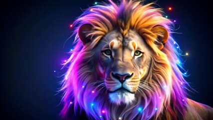 Colorful lion portrait with glowing mane