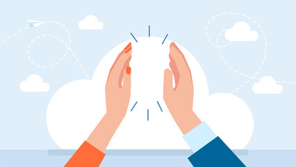 People are celebrating success. Man and woman partners greeting, hand clap gesture. High me five. Support coworker, assistance, partnership, man hand high five with woman hand. Vector illustration