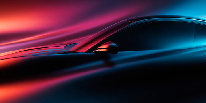 Close-up of a futuristic sports car with glowing neon reflections on a smooth body, set against a dynamic gradient background of red and blue light streaks
