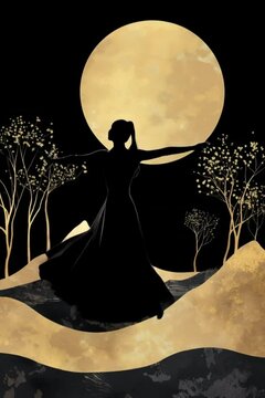 Silhouette of Woman Dancing Against Golden Full Moon at Night, gothic style