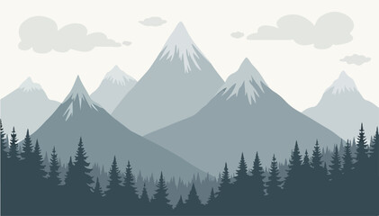 winter landscape with mountains. Landscape of mountain range with pine forest and cloudy sky. Vector illustration of scenery mountain ridge with coniferous forest. Blue jagged mountain panorama  © SubscribeMen
