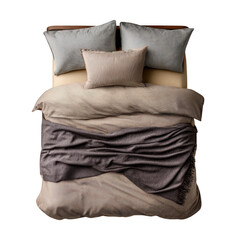 Made bed with beige and gray bedding isolated on transparent background