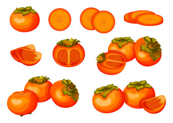 Set of juicy, fresh persimmons in cartoon style. Vector illustration of a healthy persimmon with leaves, stems: whole, halves, slices, circles isolated on a white background. Persimmon composition.