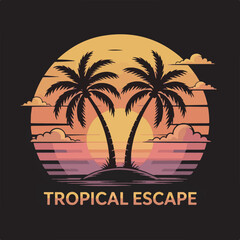 Obraz premium Two Silhouetted Palm Trees on a Small Island at Sunset with Orange Yellow and Pink Hues Retro Style Graphic Design