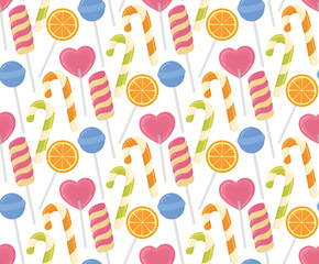 Seamless pattern with lollipops of different shapes and colors. Bright background of sweet candies