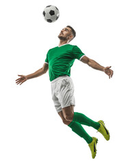 Player in vibrant green jersey performs an impressive jump to head a soccer ball during a competitive match in a dynamic display of skill