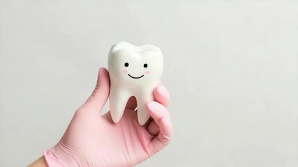 Dentist hand rotates smiling tooth model in pink glove for oral health awareness - Powered by Adobe