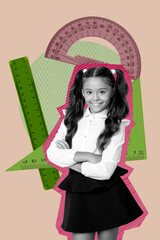 Vertical 3d poster pop art collage of happy preteen schoolgirl stand crossed hands ruler measure centimeter school supplies