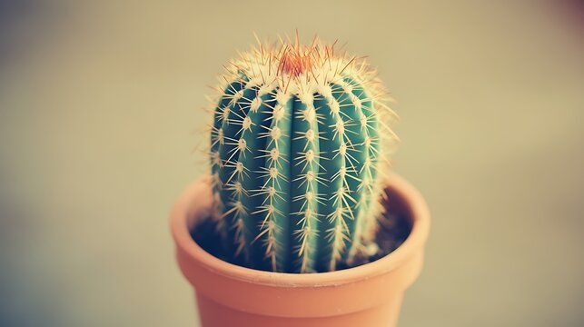 Echinocactus grusonii, a golden barrel cactus growing in a terra cotta pot