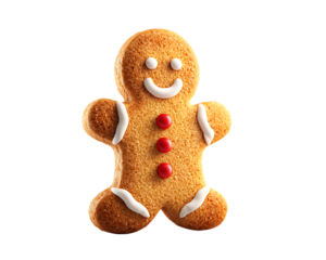 Smiling gingerbread man cookie isolated on transparent background