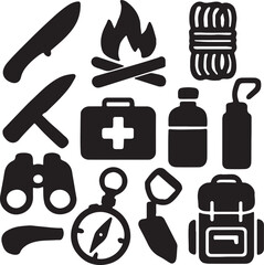Mountaineering & Hiking Icon Set – Mountain, Climber, Rope, Carabiners, Ice Axe, Jacket, Helmet, Boot, Backpack, First Aid Kit – Minimal Silhouettes for Outdoor Adventure Graphics