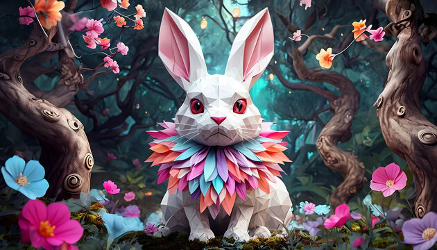 immagine surreale di un coniglio bianco e morbido composto da poligoni geometrici, surreal image of a white and soft rabbit made up of geometric polygons