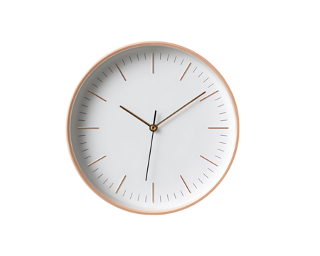 Modern minimalist wall clock with rose gold accents isolated on transparent background