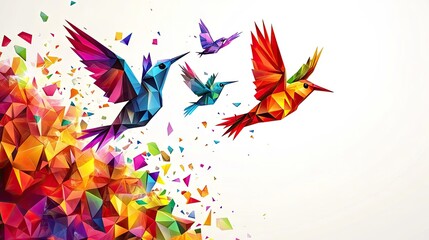 Fototapeta premium Colorful abstract hummingbirds in flight, composed of geometric shapes.
