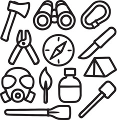 Obraz premium Mountaineering & Hiking Icon Set – Mountain, Climber, Rope, Carabiners, Ice Axe, Jacket, Helmet, Boot, Backpack, First Aid Kit – Minimal Silhouettes for Outdoor Adventure Graphics