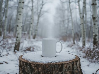 blank white mug on snow-frosted pine stump with silver birch bokeh background and icy mist. Perfect for beverage mockups, seasonal branding, blog headers, and cozy product photography
