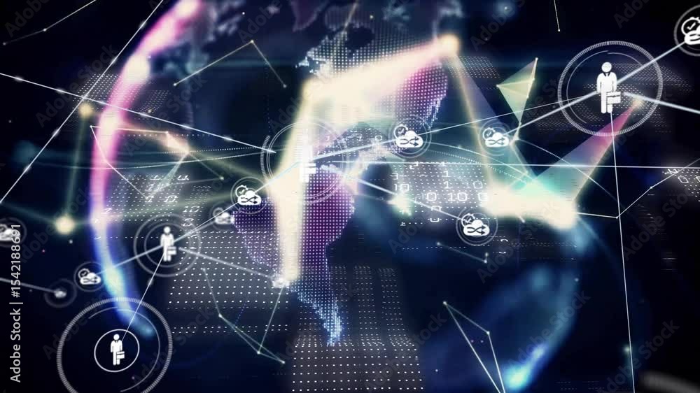 Aufkleber flash initiating silhouette linking cloud icons, globe rotating while building global network