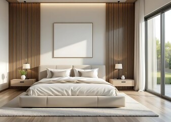 Obraz premium Elegant Bedroom Interior with a Plush Bed and Natural Lighting Design