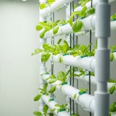 Vertical hydroponic farming system with green plants. Modern agricultural technology for urban gardening. Healthy fresh produce concept.