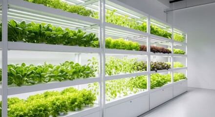 Rows of fresh green plants growing in an indoor vertical hydroponic farm with artificial lights. Modern agriculture for sustainable food production.