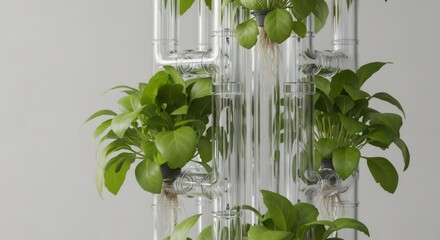 Hydroponic plants growing in a transparent pipeline system on a white background. Indoor vertical garden for sustainable farming.