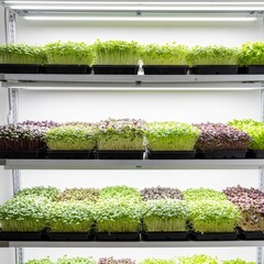 Vertical farm shelves with fresh green microgreen plants. Indoor growing system for healthy, organic, and nutritious food production.