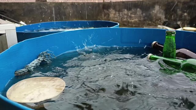 view of rainwater falling and droplets falling into the bucket and creating a nice and cool view