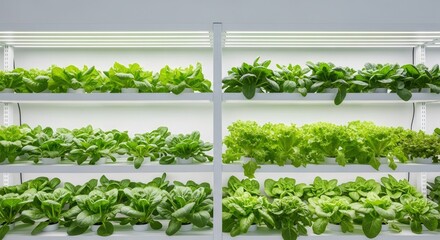 Hydroponic indoor farm with green plants growing on shelves. Vertical gardening system for sustainable urban agriculture. Clean alternative cultivation concept.