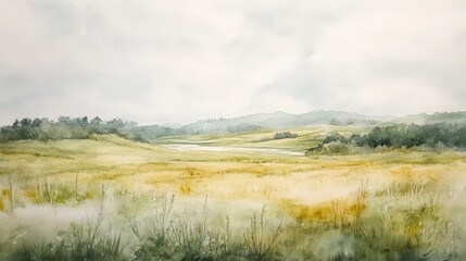 Fototapeta premium Serene Watercolor Landscape with Soft Hills and Misty Sky