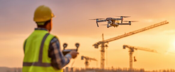 The drone flying over a construction site at sunset with a worker controlling it.