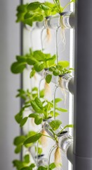 Close up of green plants growing in a vertical hydroponic garden system, showing roots and flowing water. Sustainable farming concept.