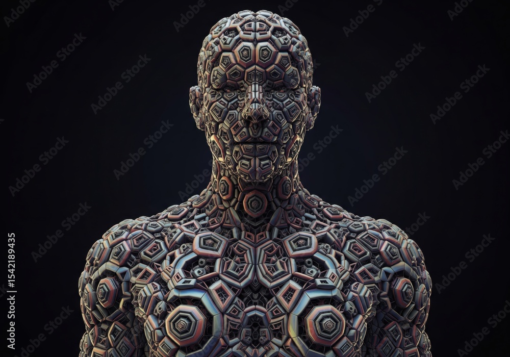 Poster abstract geometric human form. an intricate three dimensional rendering of a humanoid figure compose