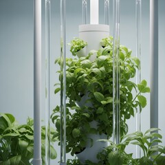 Vertical farming system with green plants. Hydroponic garden for sustainable agriculture. Modern growth light for urban environment.
