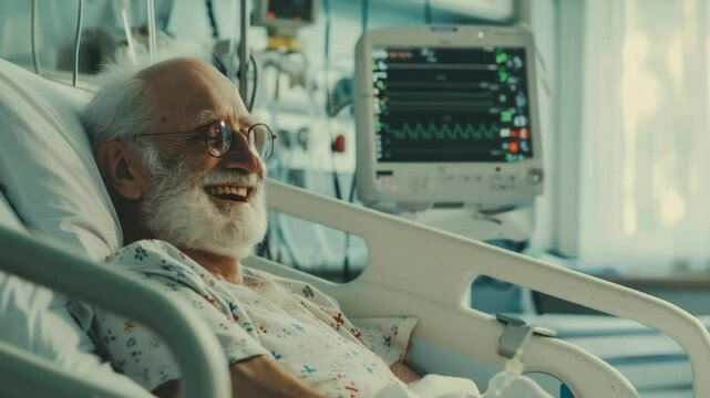 Elderly patient with beard, glasses and wry smile, in hospital bed, hooked up to medical equipment.