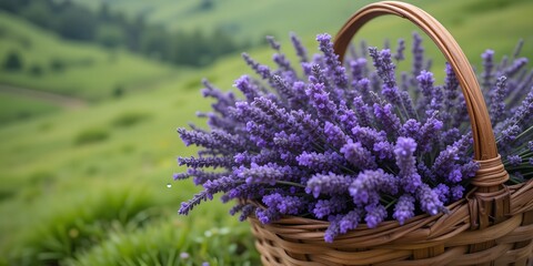 Freshly Harvested Lavender Awaits Use, Its Fragrant Purple Blooms Glistening With Morning Dew. The Basket Sits Peacefully On A Sun-drenched Grassy Hillside. A Serene Moment Captured.
