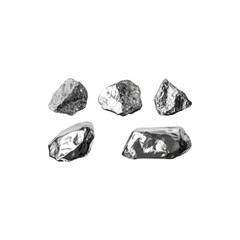 Raw Silver Nuggets with Rough Metallic Surface and Natural Shape Isolated on White Background