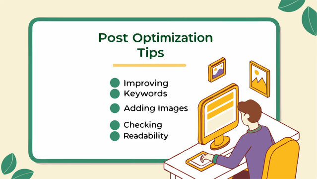 Illustration of post optimization tips with improving keywords adding images checking readability and a person working
