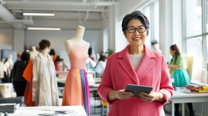 Confident female fashion designer in pink coat stands smiling with tablet in a vibrant workspace surrounded by mannequins, sewing tools, and colorful textiles.