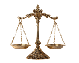 Ornate golden scales of justice isolated on transparent background