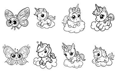 Obraz premium Cute cartoon drawings of two butterflies and six baby unicorns sitting on clouds all in black and white