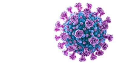 A purple, 3D-rendered virus particle Isolated on a white transparent background