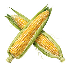 Two fresh corn on the cob crossed isolated on transparent background