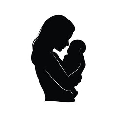 Black silhouette of mother tenderly holding her baby symbolizing motherhood love and family bond