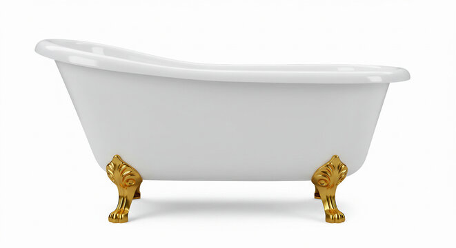 white clawfoot bathtub with golden feet, isolated on white background